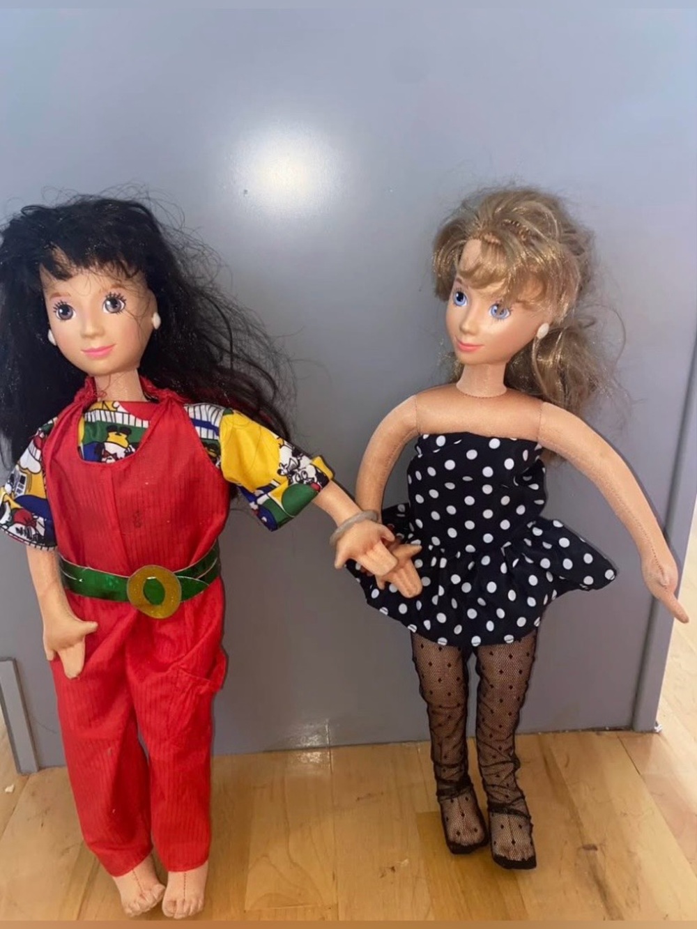 90s Vintage Mattel Hot looks Dolls with Red Overalls & Black Polka Dot Dress